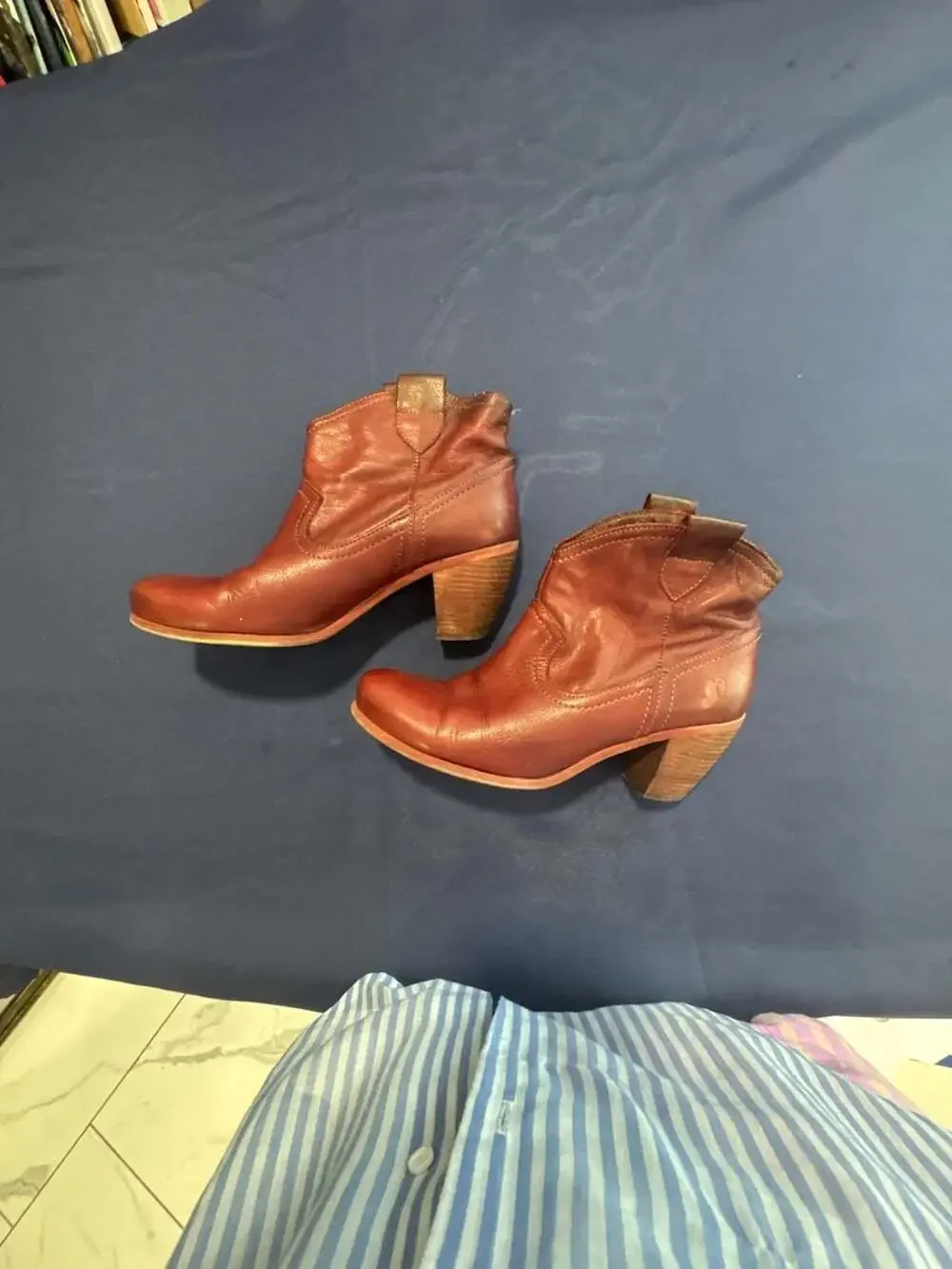 Felmini Deep Cognac  Leather Western Ankle Boots with Striped Lining
